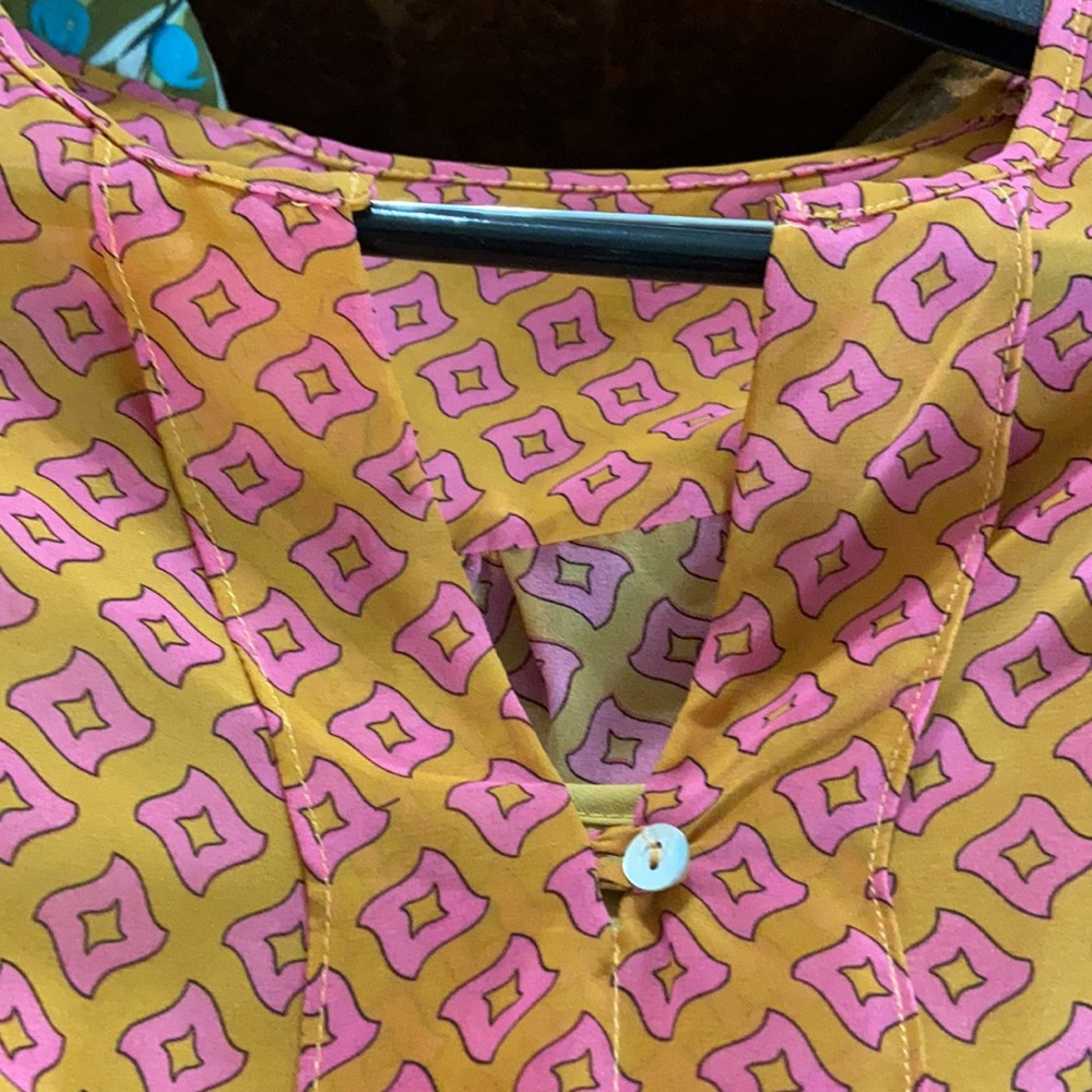 Umgee Boho Babydoll Dress Mustard Pink Geometric Print Tie Sleeve Small - Picture 4 of 7